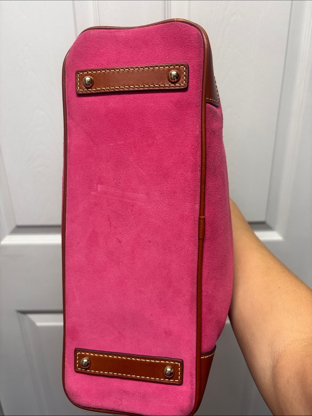 Dooney & Bourke Pink Suede Hobo Shoulder Bag & Brown Leather Trim Gold Hardware - Picture 6 of 11